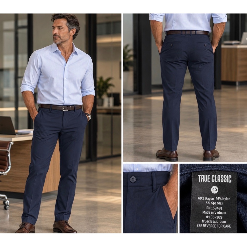 True Classic Active Chino Pants Mens 40 Navy Blue Stretch Rayon Blend 185-369